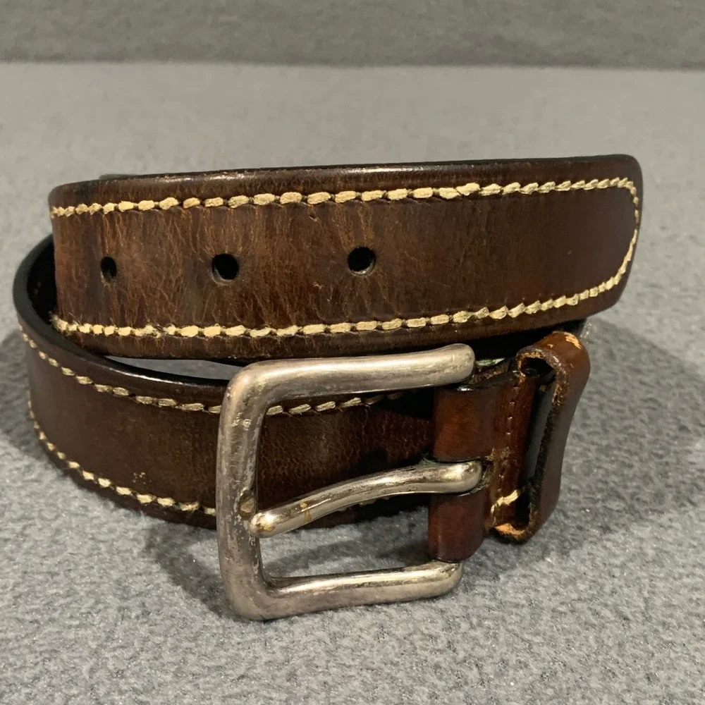 Tommy Hilfiger Mens XL Brown Leather Belt Solid Brass Buckle Grunge Rustic‎